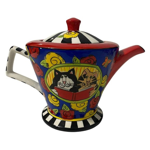 Candace Reiter Other - Catzilla Candace Reiter Teapot Cats Reading Roses Stripes Hand Painted